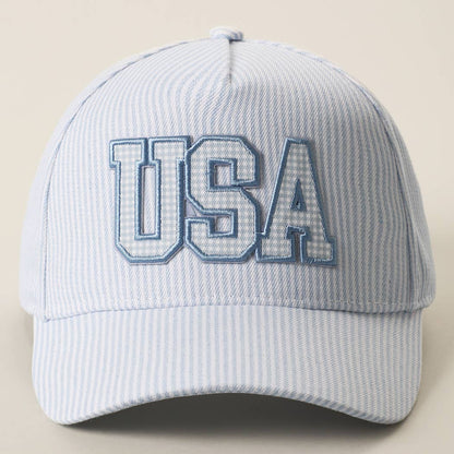 USA EMBROIDERED PATCH GINGHAM STRIPE TRUCKER HAT