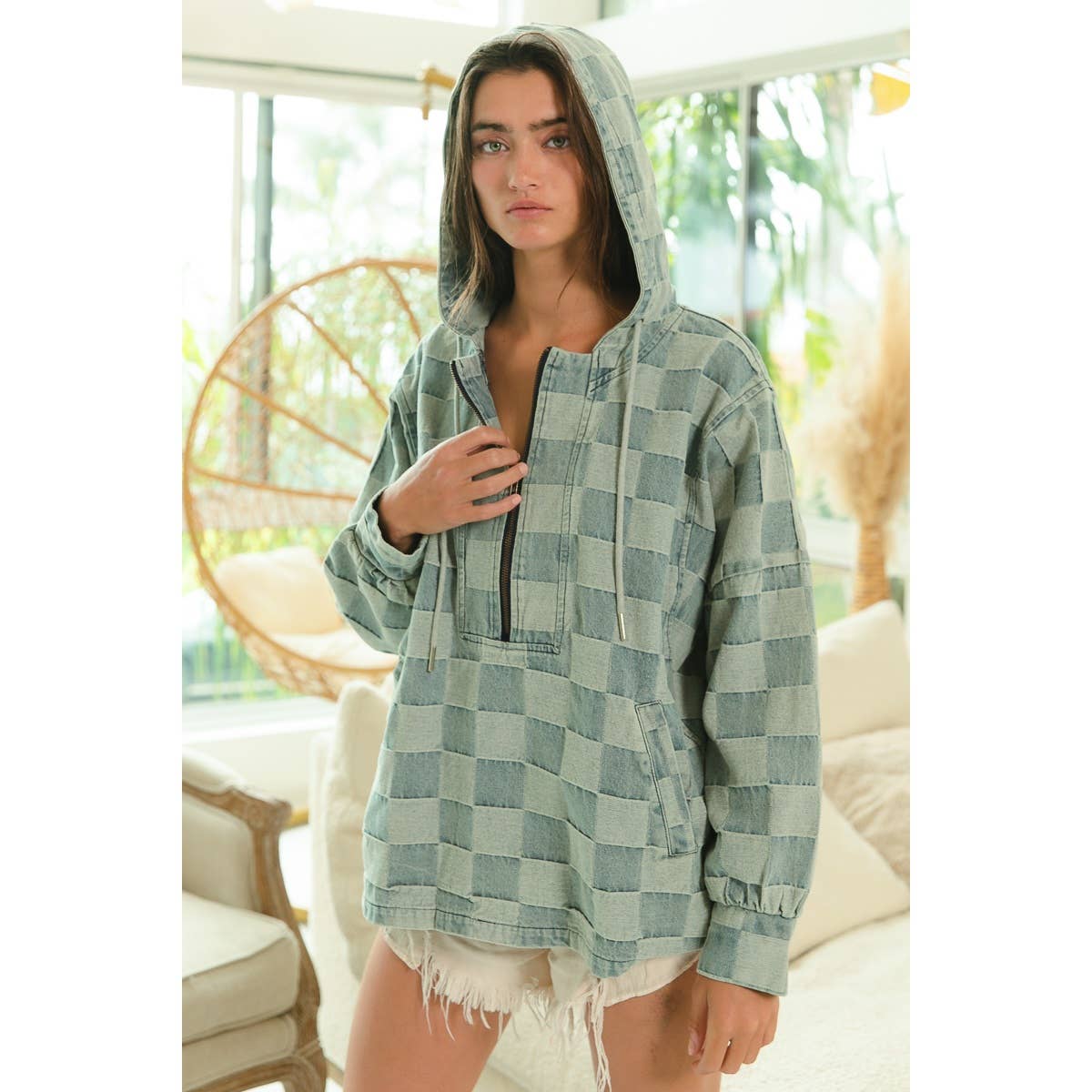 WASHED CHECKER DENIM HALF ZIP UP HOODIE