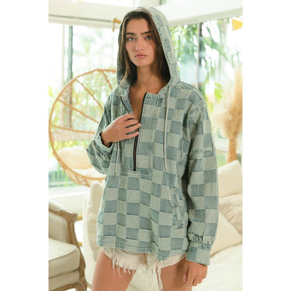 WASHED CHECKER DENIM HALF ZIP UP HOODIE