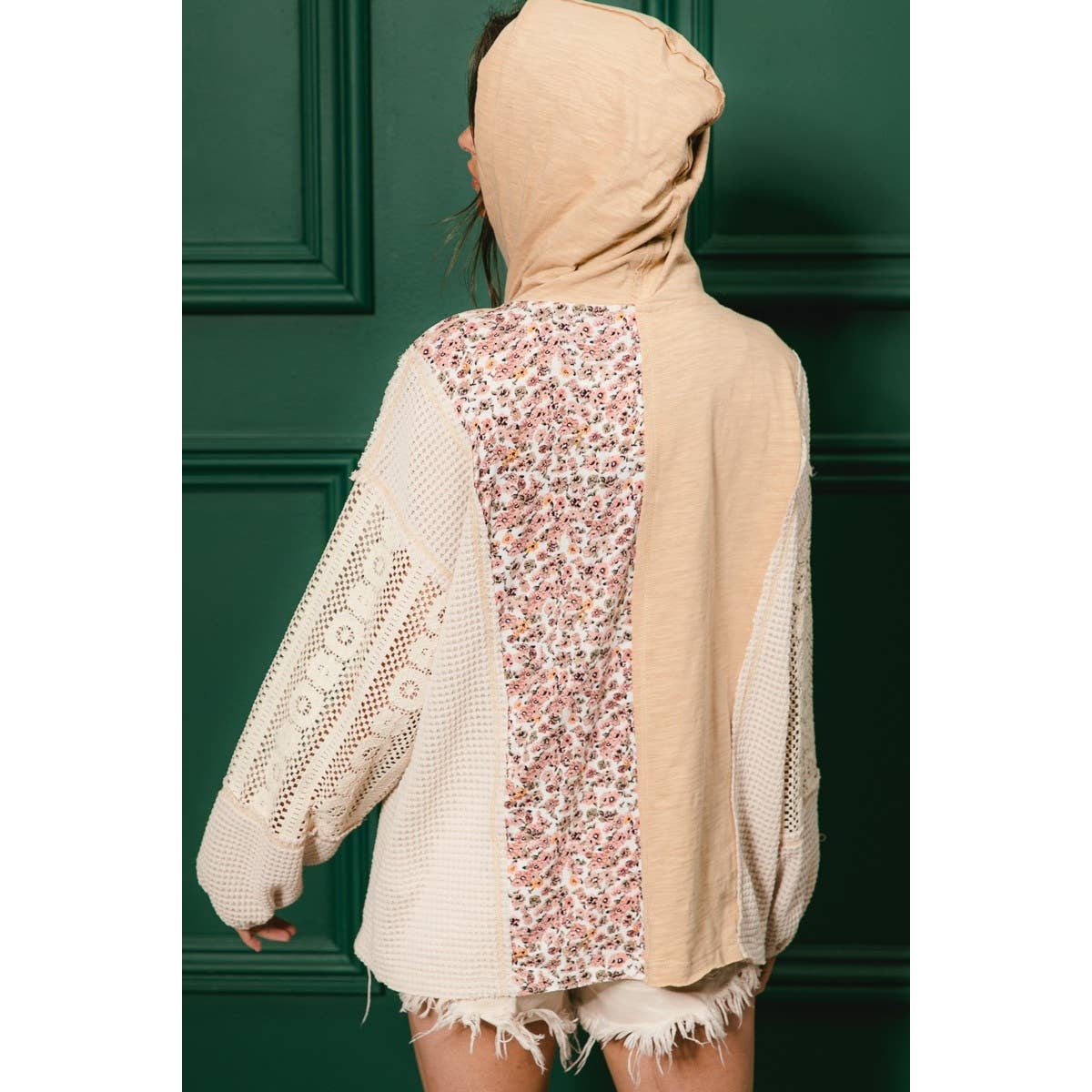 SLUB JERSEY WITH LACE COMBO BUTTONED HOODIE TOP