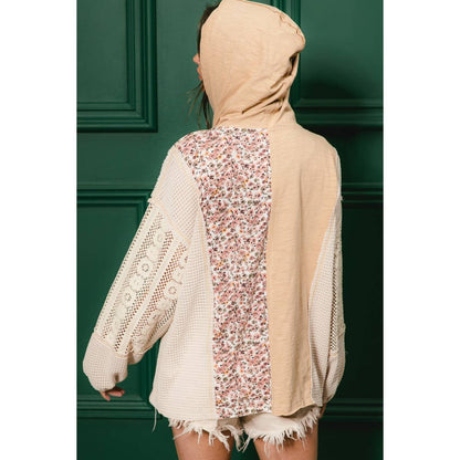 SLUB JERSEY WITH LACE COMBO BUTTONED HOODIE TOP