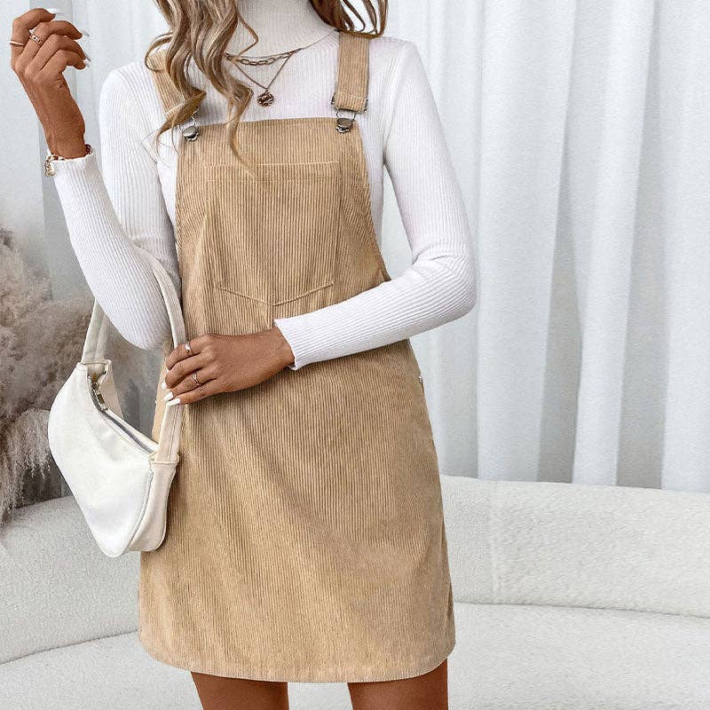 Lovesoft - Corduroy Overall Dress with Pocket: Coffee / 100%Polyester / L
