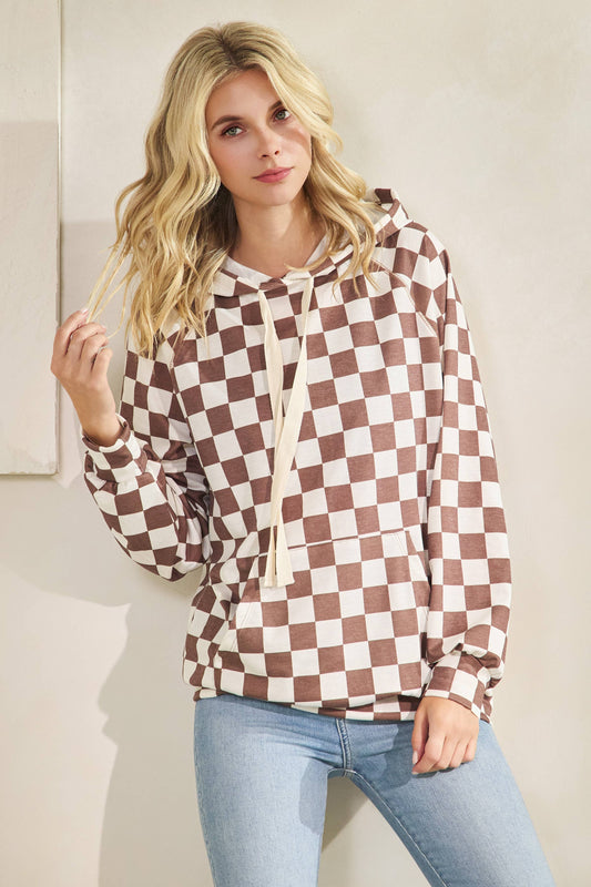 CHECKERBOARD PRINT DRAWSTRING HOODIE