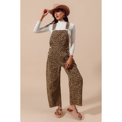 LEOPARD TWILL SLOUCHY BARREL OVERALLS JUMPSUIT