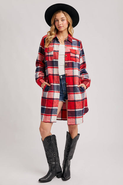 Bluivy - FLANNEL PLAID LONGLINE SHACKET: GREEN PLAID / M