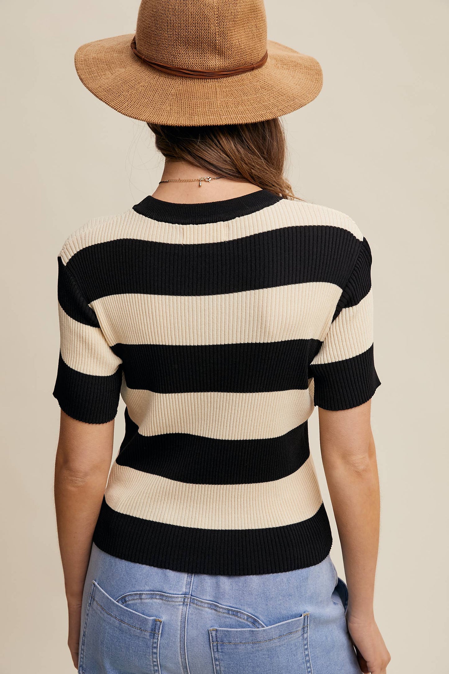 STRIPED RIBBED LIGHT WEIGHT KNIT SWEATER TOP