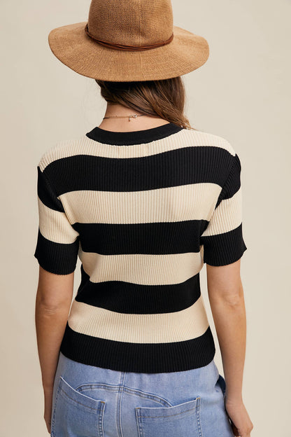 STRIPED RIBBED LIGHT WEIGHT KNIT SWEATER TOP