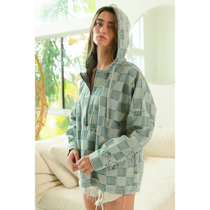 WASHED CHECKER DENIM HALF ZIP UP HOODIE