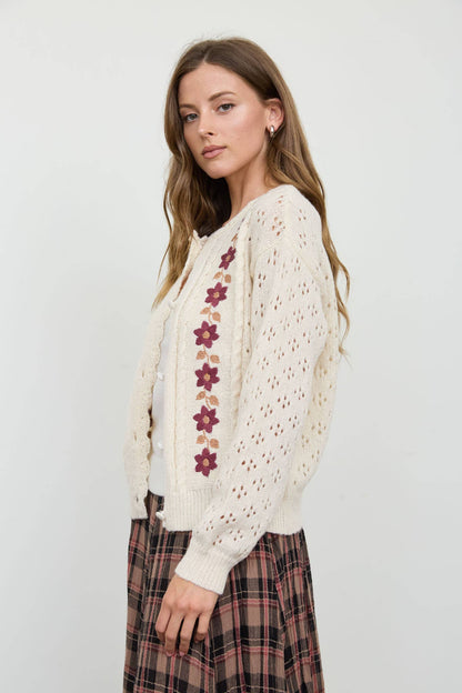 Blu Pepper - FLORAL EMBROIDERY CROCHET KNIT DETAIL CARDIGAN: CREAM