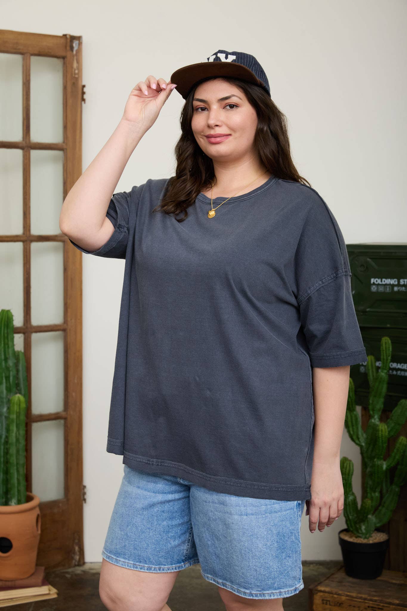 PLUS WASHED EXPOSED SEAM RELAXED KNIT T-SHIRT: NAVY