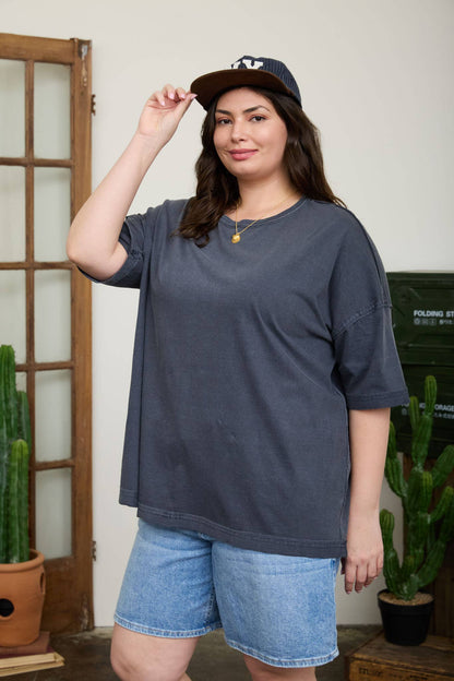 PLUS WASHED EXPOSED SEAM RELAXED KNIT T-SHIRT: NAVY