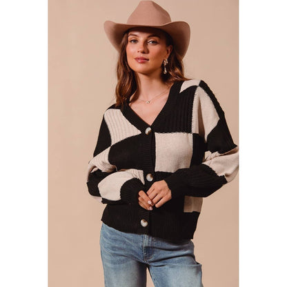 CHECKERED BUTTON FRONT TEXTURED SWEATER CARDIGAN OATMEAL +BLACK