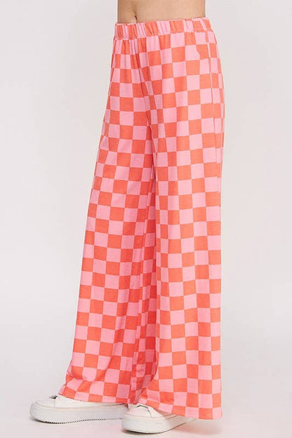 JADE BY JANE - HIGH WAIST CHECKERED STRAIGHT LEG KNIT PANTS: PINK/BROWN / M