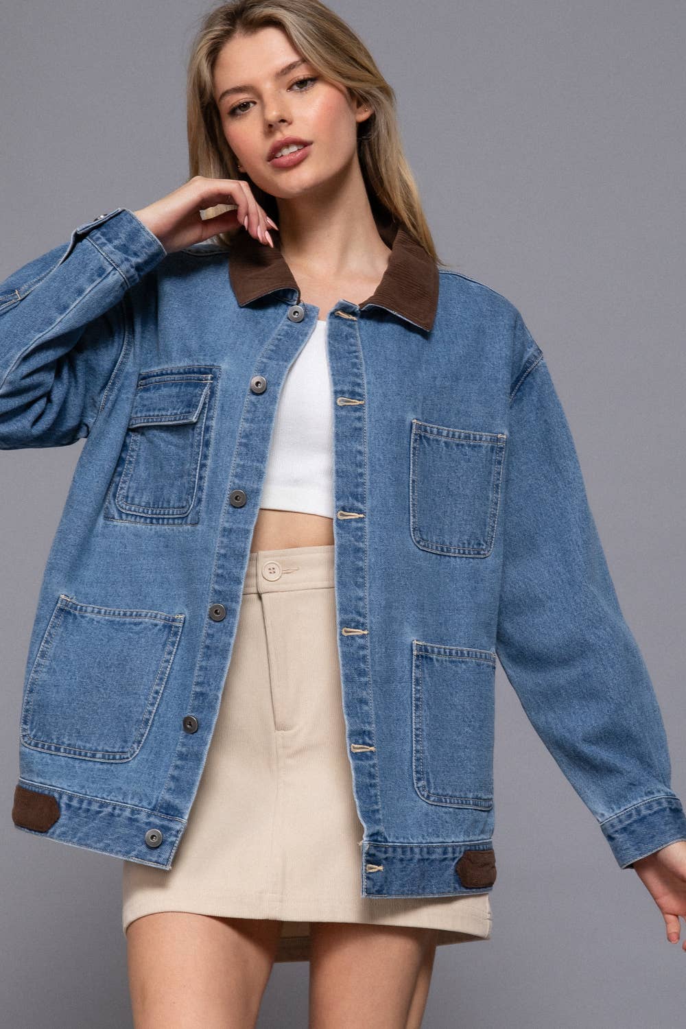 LONG SLEEVE CONTRAST COLLAR DENIM JACKET