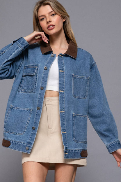 LONG SLEEVE CONTRAST COLLAR DENIM JACKET