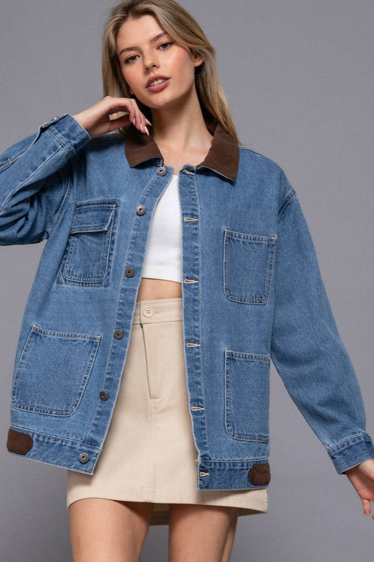 LONG SLEEVE CONTRAST COLLAR DENIM JACKET