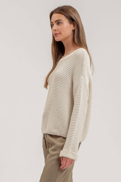 CHUNKY KNIT LONG CUFF SLEEVE PULLOVER SWEATER CREAM