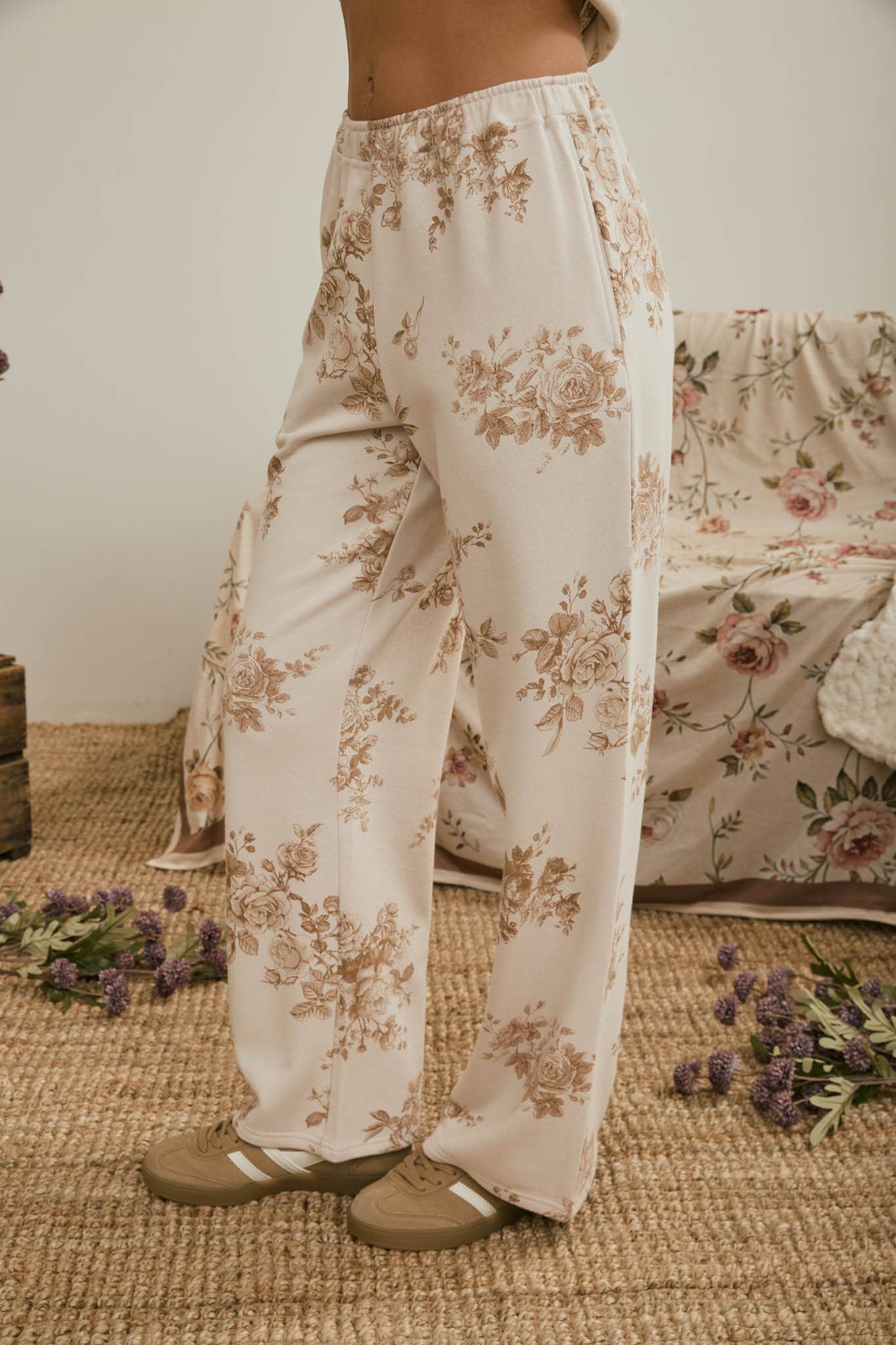 FLORAL TOILE WIDE LEG KNIT LOUNGE PANTS