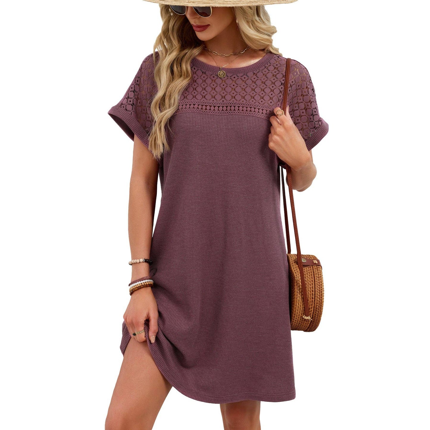 Lovesoft - Lace Patchwork Casual Short Sleeve Loose Summer Dress: Navy Blue / 65%Rayon 30%Polyester 5%Spandex / S