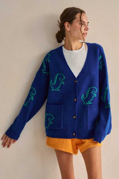 JADE BY JANE - DINOSAUR PATTERN KNIT CARDIGAN: BLACK / S/M