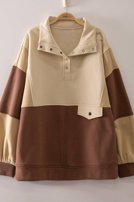 ECRU COLORBLOCK HALF SNAP SWEATSHIRT