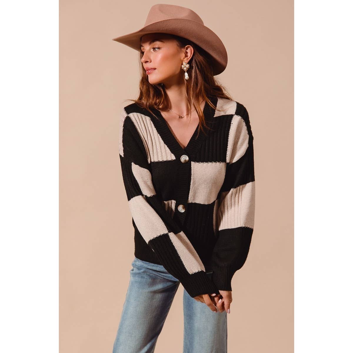 CHECKERED BUTTON FRONT TEXTURED SWEATER CARDIGAN OATMEAL +BLACK