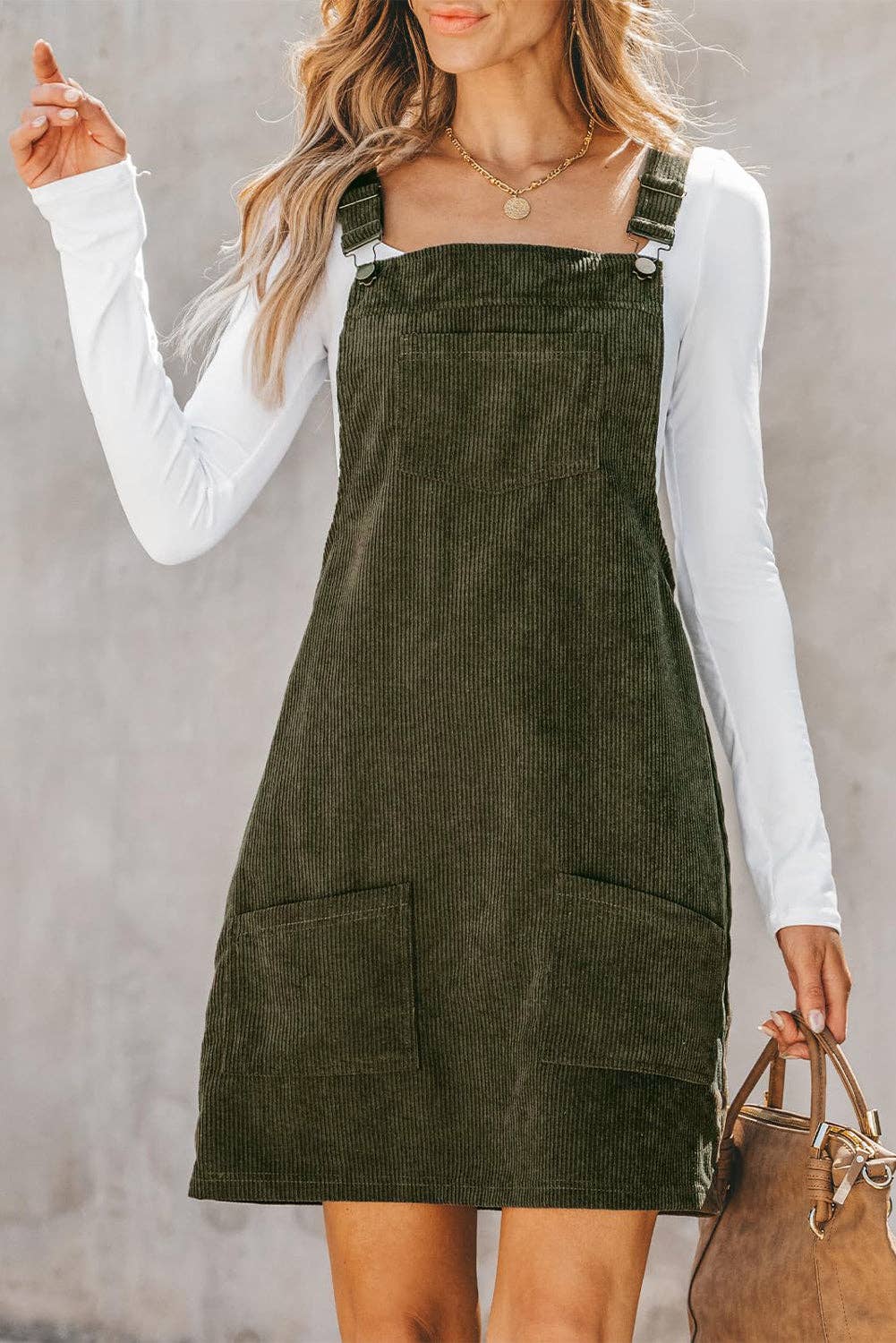 SOLID FRONT POCKETS CORDUROY OVERALL DRESS