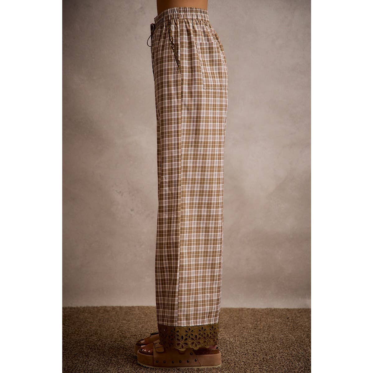 PLAID CHECK WIDE LEG PULL ON WIDE LEG PANTS WITH LACE