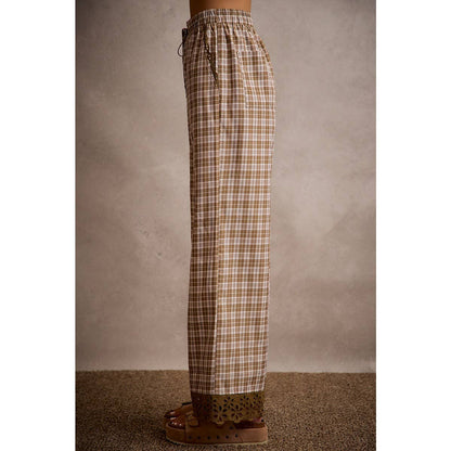 PLAID CHECK WIDE LEG PULL ON WIDE LEG PANTS WITH LACE