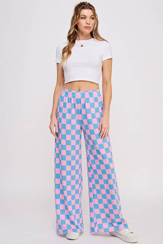 JADE BY JANE - HIGH WAIST CHECKERED STRAIGHT LEG KNIT PANTS: PINK/BROWN / L