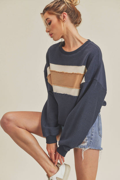 AEMI + CO - 846AD Winnie Sweatshirt: Navy/Ivory/Tan / L / Top