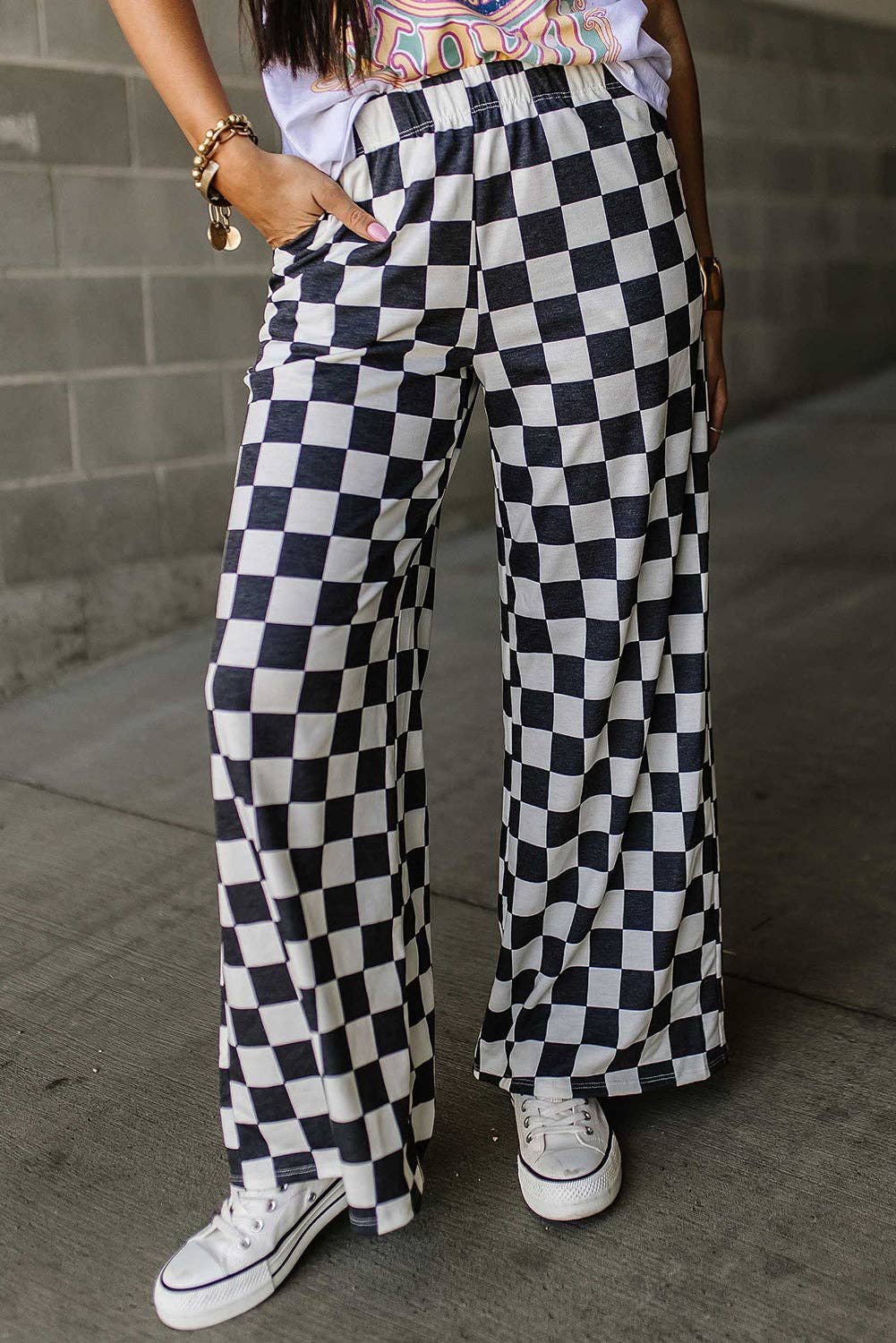 JOSIE CHECKED HIGH WAIST PRINT PANTS