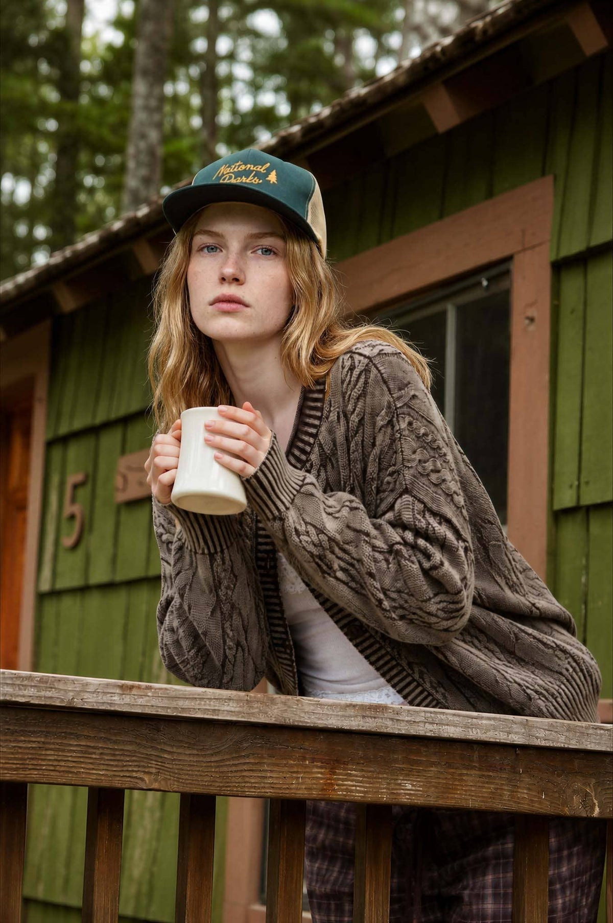 Blu Pepper - WASHED PATTERN CABLE KNIT BUTTON DOWN CARDIGAN: LIGHT KHAKI