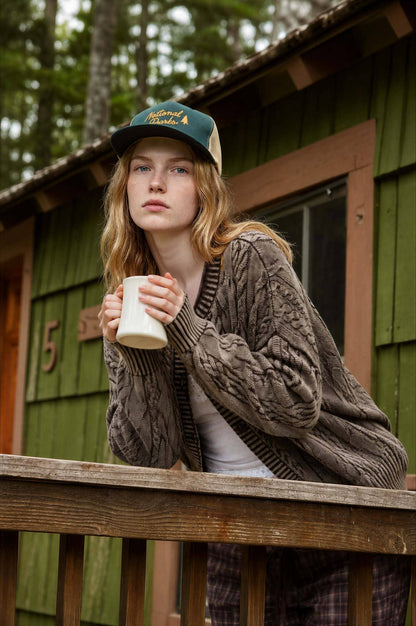 Blu Pepper - WASHED PATTERN CABLE KNIT BUTTON DOWN CARDIGAN: LIGHT KHAKI
