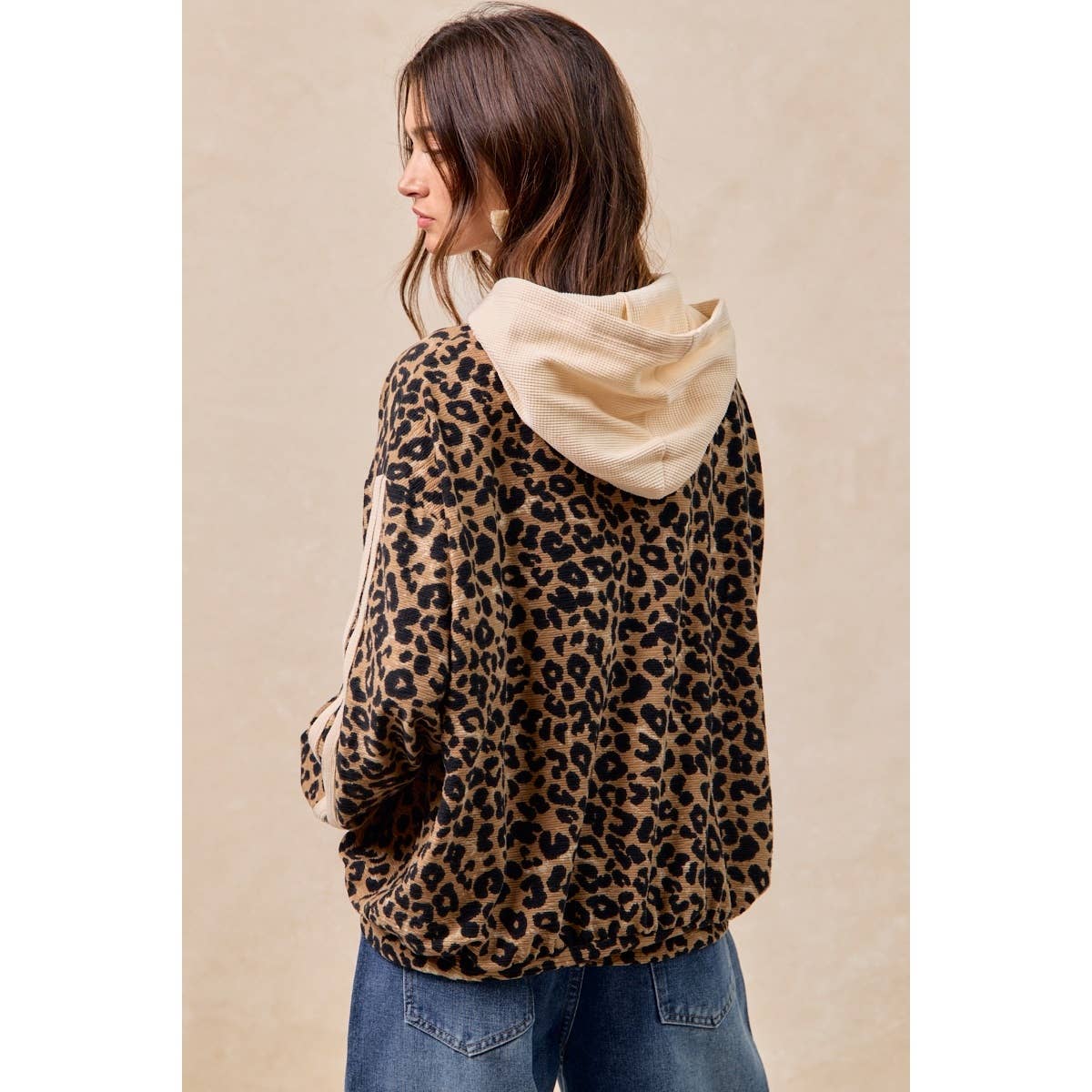 BiBi - WAFFLE THERMAL AND LEOPARD MIX AND MATCH HOODIE: LEOPARD/OATMEAL / L