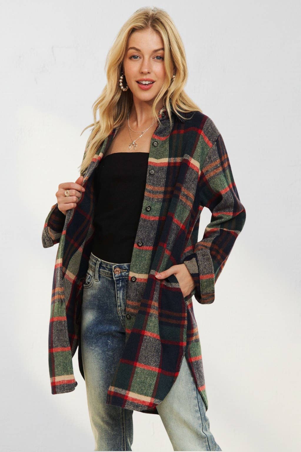 ADORA LA - CEJ1987A-CHECK FLANNEL SHIRT JACKET LONG SLEEVE: Green/Navy / S-M-L(2-2-2)