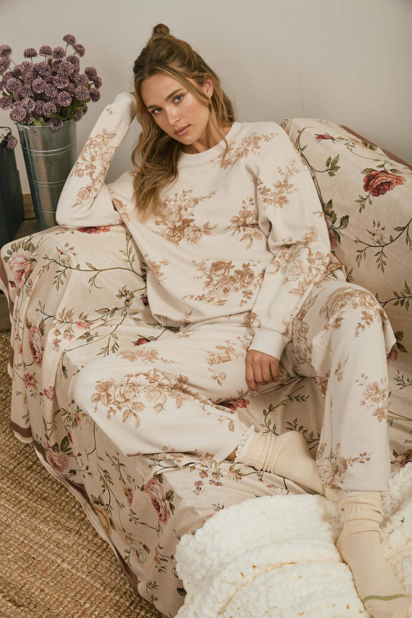 FLORAL TOILE WIDE LEG KNIT LOUNGE PANTS