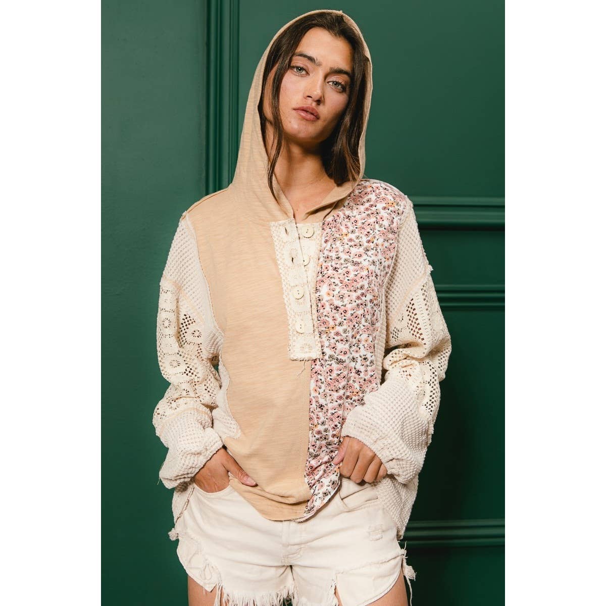 SLUB JERSEY WITH LACE COMBO BUTTONED HOODIE TOP
