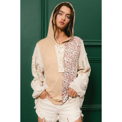 SLUB JERSEY WITH LACE COMBO BUTTONED HOODIE TOP