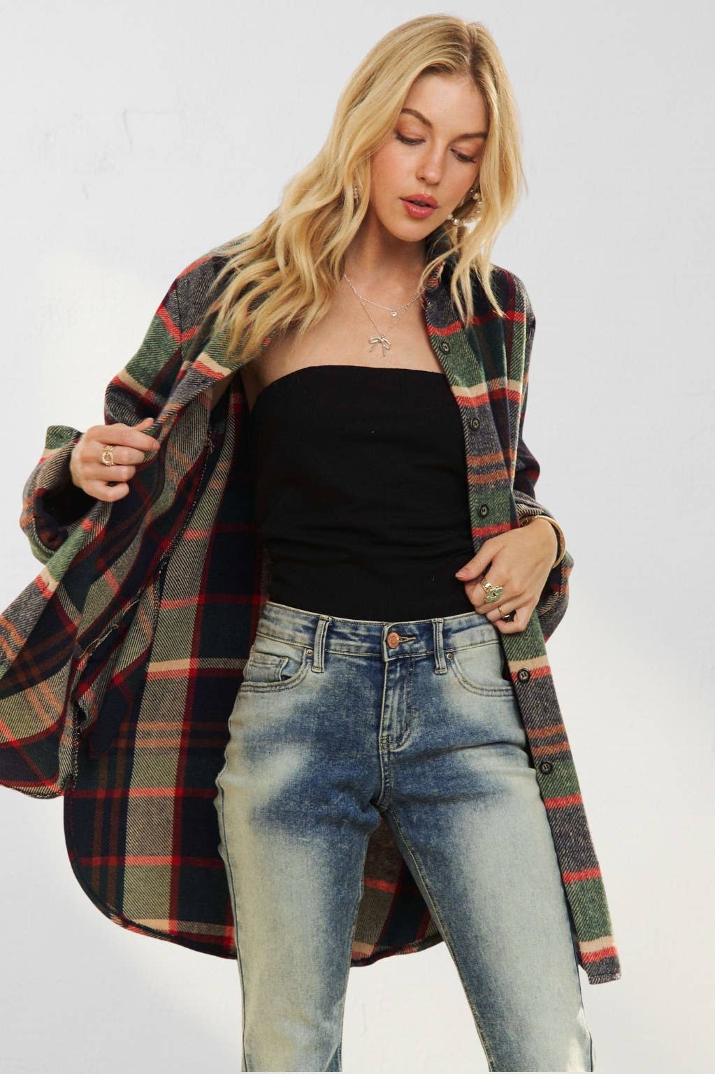 ADORA LA - CEJ1987A-CHECK FLANNEL SHIRT JACKET LONG SLEEVE: Green/Navy / S-M-L(2-2-2)