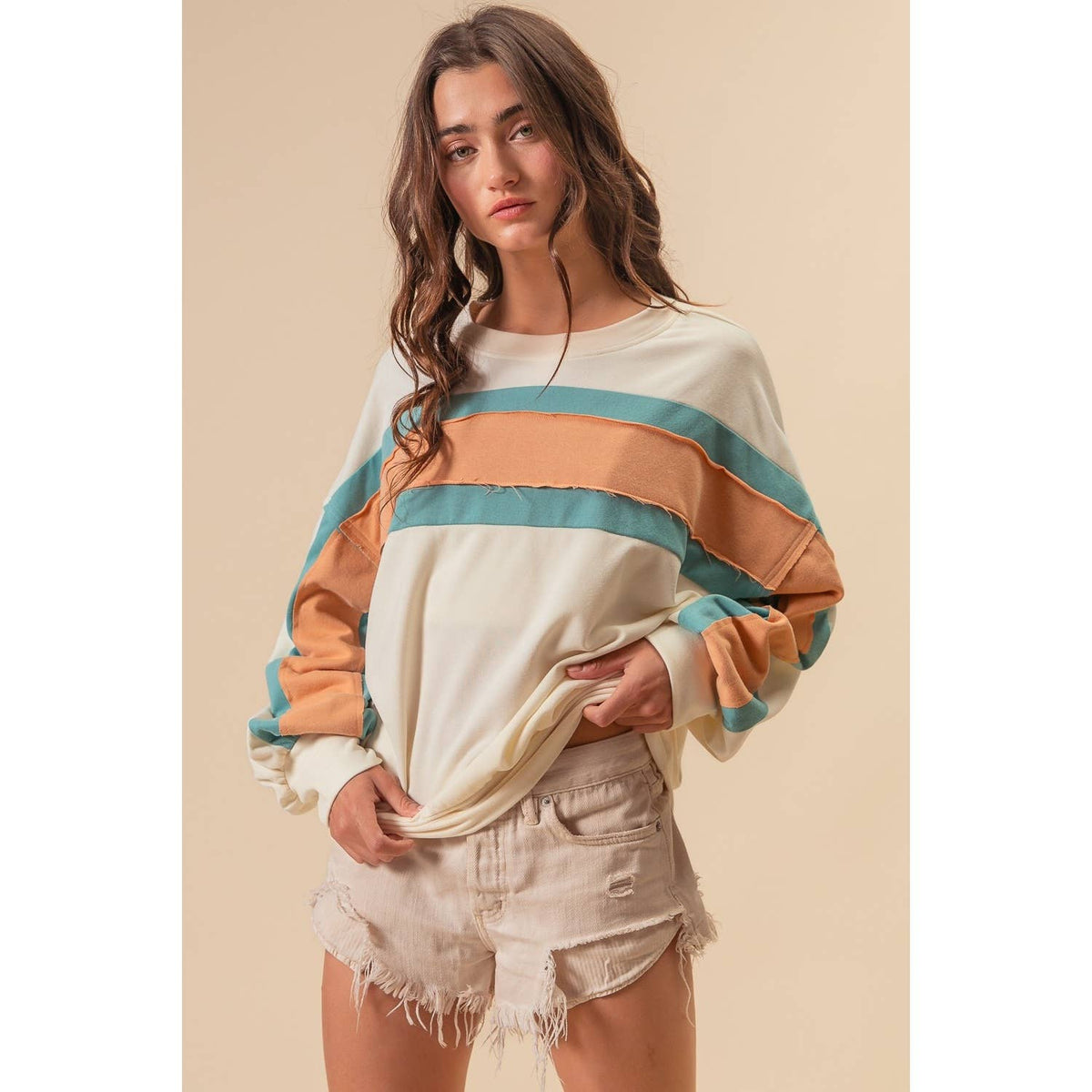 BiBi - FRENCH TERRY COLOR BLOCK SWEATSHIRT: INDIGO/MUSTARD/IVORY / XL