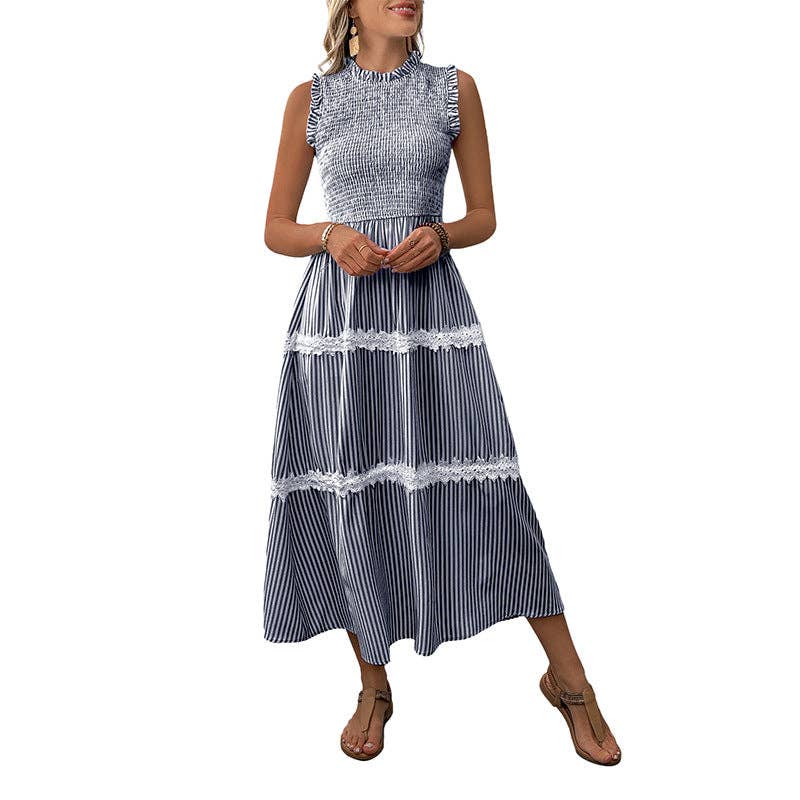 STRIPED LACE TRIM SLEEVELESS MIDI