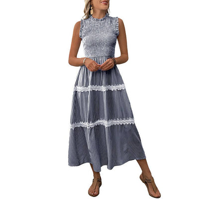 STRIPED LACE TRIM SLEEVELESS MIDI