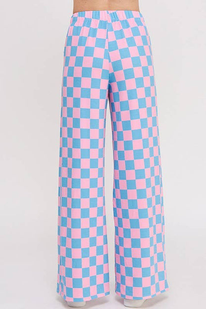 JADE BY JANE - HIGH WAIST CHECKERED STRAIGHT LEG KNIT PANTS: PINK/BROWN / M