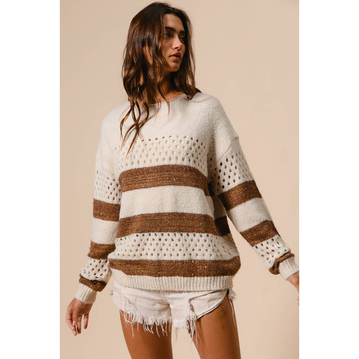 BiBi - STRIPE PATTERNED SWEATER TOP: IVORY/BROWN / M