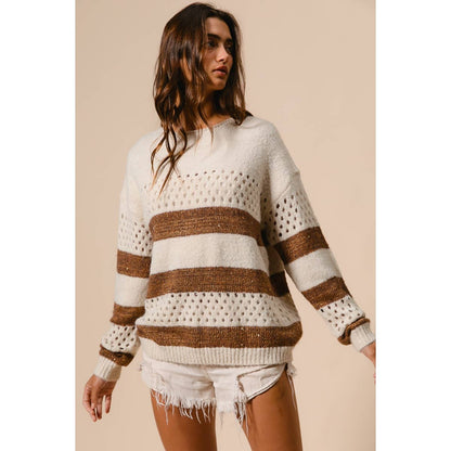 BiBi - STRIPE PATTERNED SWEATER TOP: IVORY/BROWN / M