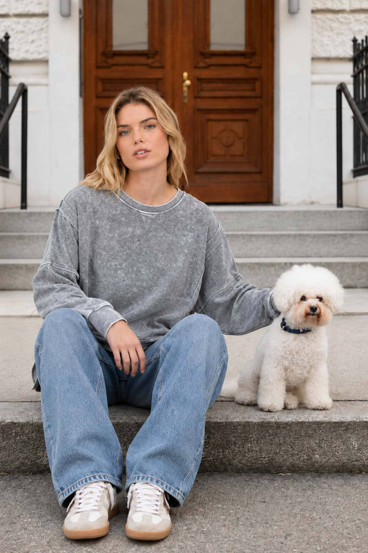 ACID WASH LONG SLEEVE SIDE SLIT KNIT TOP