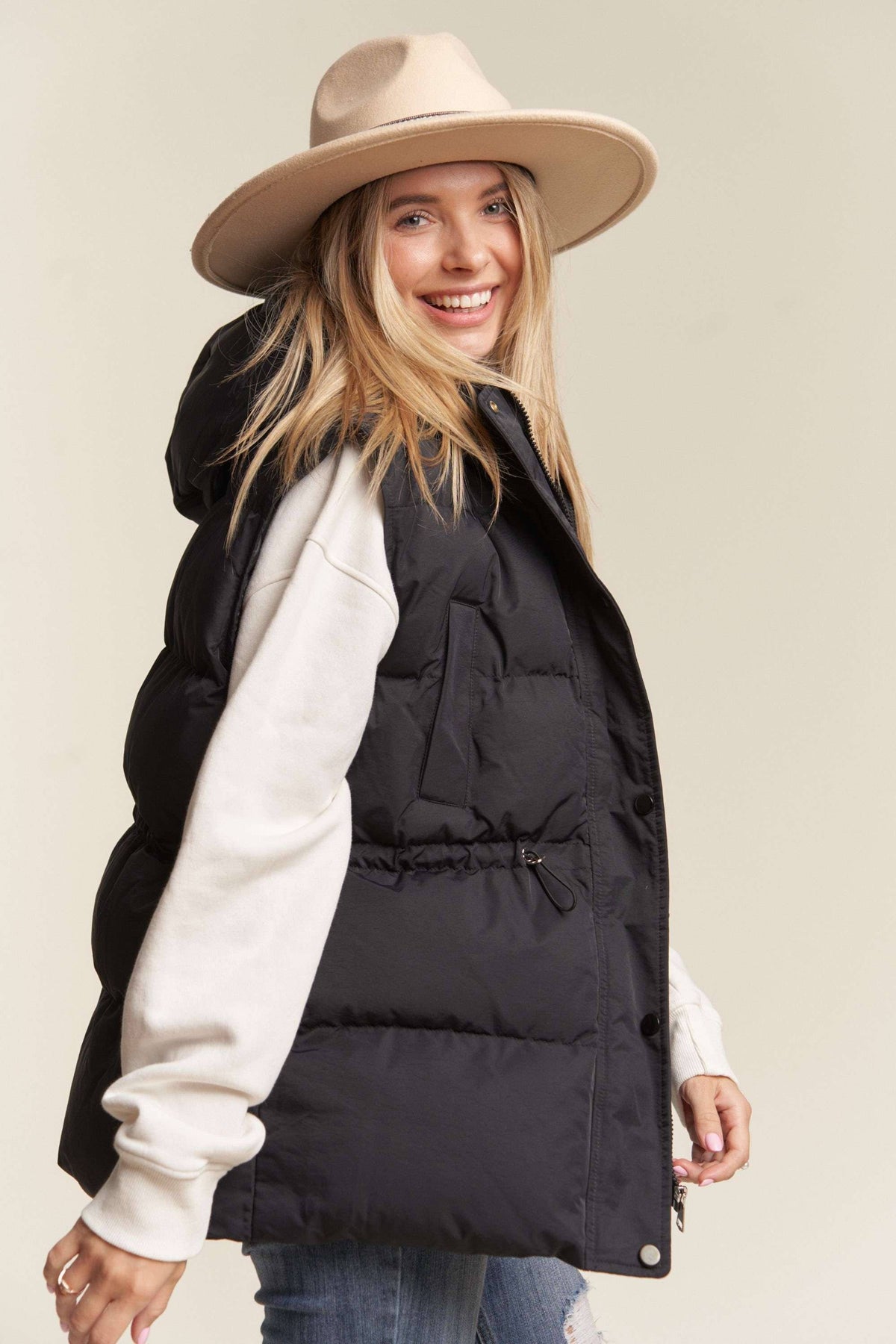BLACK DRAWSTRING WAIST PUFFER HOODIE VEST
