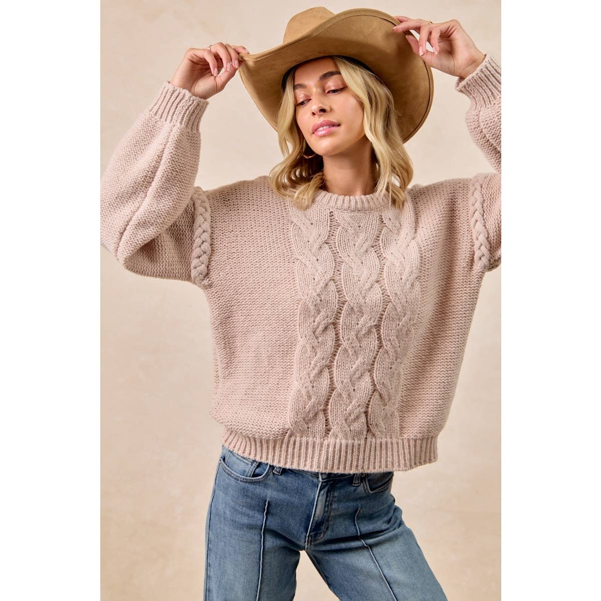 CABLE KNIT SWEATER TOP WITH SHOULDER BRAID DETAIL