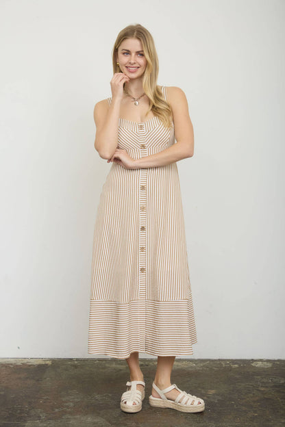 STRIPE SWEETHEART BUTTON DOWN SLEEVELESS MIDI DRESS KHAKI